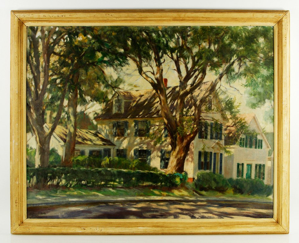 Foster, Colonial Home, O/C: John Foster, colonial home with trees, oil on stretched canvas, signed and dated 1937 lower left, 36"h x 28"w. Provenance: From a California collector.