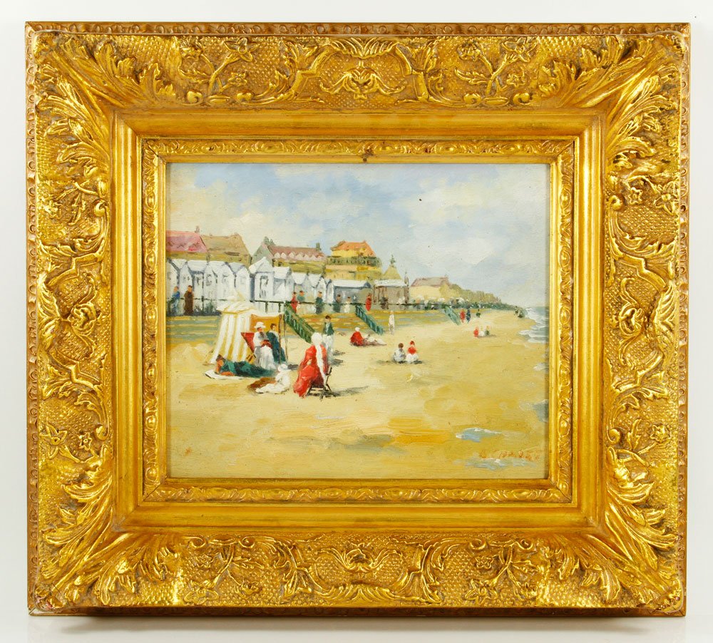 Chalet, Beach Scene, O/P: Andre Chalet (French, b. 1954), beach scene, oil on panel, signed lower right, 9 3/4" h x 12" w (view), 17 3/4" h x 20" w (frame). Provenance: From a Florida collector.