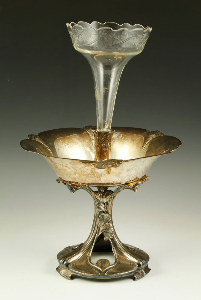 19th C. Art Nouveau Epergne: 19th century Art Nouveau epergne, silver plate, with etched glass insert, 17 1/2" h x 11" w. Provenance: CA estate.