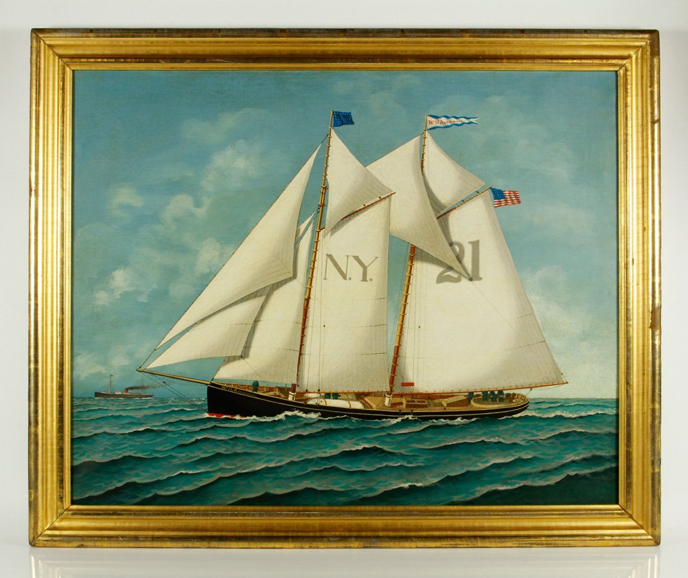 Walter, "Pilot Boat No. 21," O/C: F. Walter, "Pilot Boat No. 21," oil on canvas, South Street Seaport Museum exhibition label verso identifying artist, title and date of "about 1900," unsigned, 21 3/4"h x 27 1/2"w (view), 25 3/8"h x 3