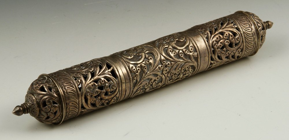 19th C. Silver Scroll Holder: 19th century scroll holder, reticulated silver, 10 1/2"h x 1 1/2"w, approximately 9.3 troy oz TW. Provenance: From a California estate.