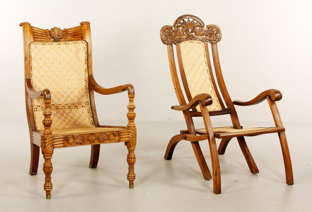 Two European Caned Seat Chairs: Lot of two European caned seat chairs, one a straight back armchair with shell crest (40"h x 23"w x 22"d), the other a folding deck chair (41"h x 23"w x 40"d). Provenance: From a Massachusetts estate.
