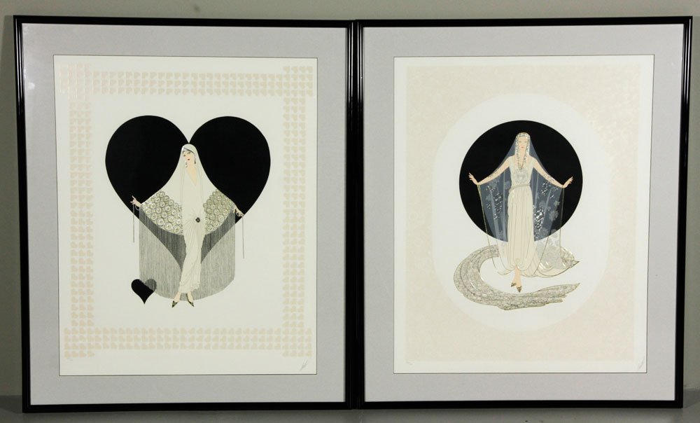 Erte, 2 Piece Serigraph Suite: Romain de Tirtoff Erte (Russian, 1892-1990), two piece embossed serigraph suite, edition of 300, framed and matted under glass, hand signed in pencil lower right on both. Provenance: From a Massachuse