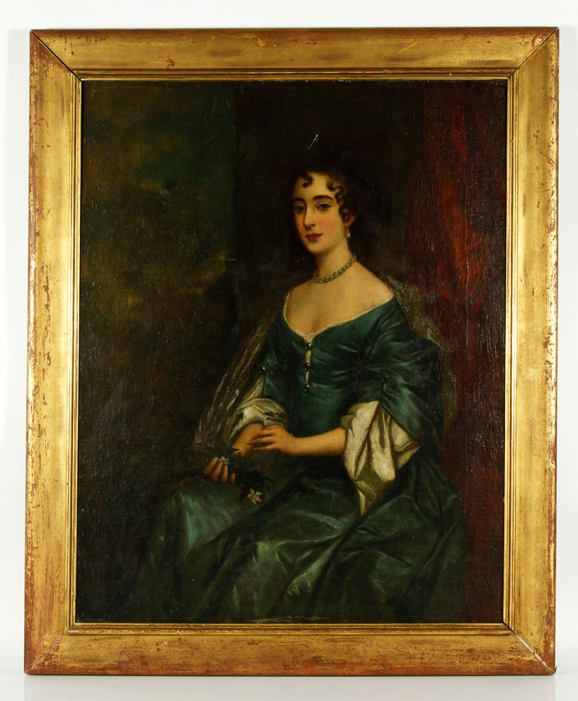 Manner of Lely, Portrait of Lady, O/B: In the manner of Sir Peter Lely, portrait of a lady, oil on board, unsigned, title tag verso, 33 1/2" x 26 1/2" (view), 39 1/2" x 32 1/2" (frame). Provenance: From the Philadelphia home of Arthur Kent