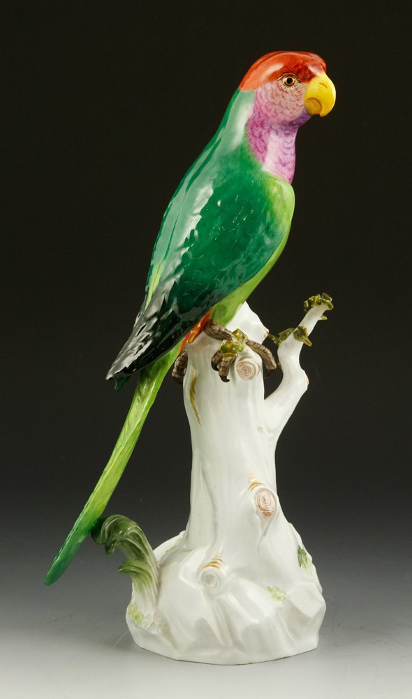 Meissen Finely Modelled Parrot: Meissen finely modelled parrot, underglaze blue crossed swords mark, 13 1/4" h. Provenance: From a Puerto Rico estate.