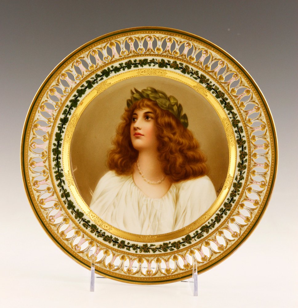 19th C. Meissen Portrait Plate: 19th century Meissen portrait plate, artist signed "Wagner," titled on reverse "Lauretta," and "Ovington Bros Co.," reticulated rim, 9 3/8" dia. Provenance: From a NY estate.