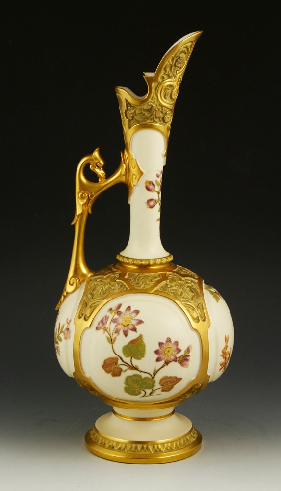 Royal Worcester Blush Ivory Ewer: Royal Worcester blush ivory ewer, floral and gilt decorated, dragon handle, porcelain, puce mark and z for 1888, 14 1/2" h. Provenance: From a NY estate.