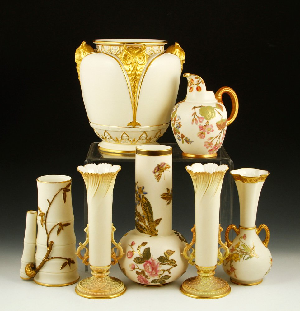 Collection of 7 Pieces of Royal Worcester Blush Ivory: Collection of seven pieces of Royal Worcester blush ivory, to include six vases and a pitcher, porcelain, four with puce marks, three with green marks, tallest 9 1/4" h, smallest 5 1/2" h. Provenance:
