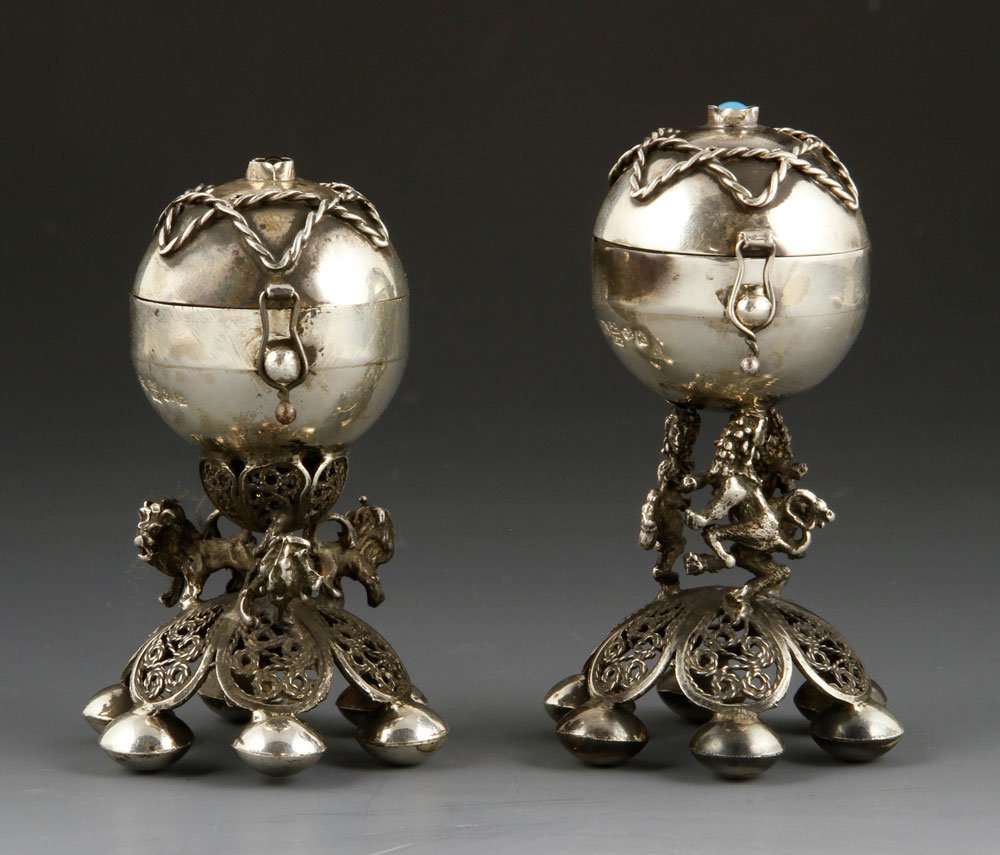 Pr. 19th C. Judaica Silver Spice Boxes: Pair of 19th century Russian Judaica spice boxes, silver, with assay marks of AA 1894 and BC 1873, marked 84 for .875 silver, with other Cyrillic marks, approximately 2.8 troy oz TW, taller 3 1/8" h. 