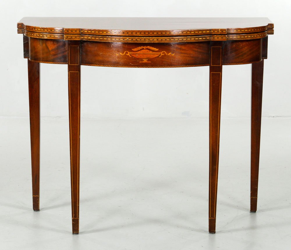 Hepplewhite Style Card Table: Hepplewhite style card table, mahogany, with checkered satinwood inlay and urn design, 29" h x 36" w x 18" d. Provenance: From a California collection.