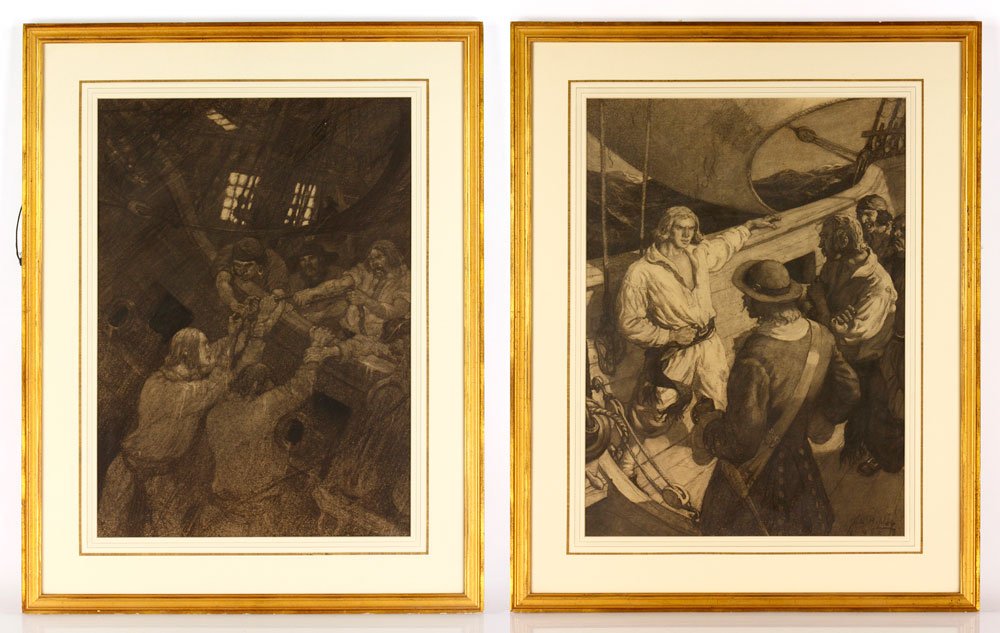 Ripley, 2 Charcoal Drawings: Aiden Lassell Ripley (American, 1896-1969), lot of two drawings of pirates, charcoal on paper, illustrations for book titled "Dark Harbor," 1923, both signed lower right, both 22 3/4"h x 16 1/4"w (vie