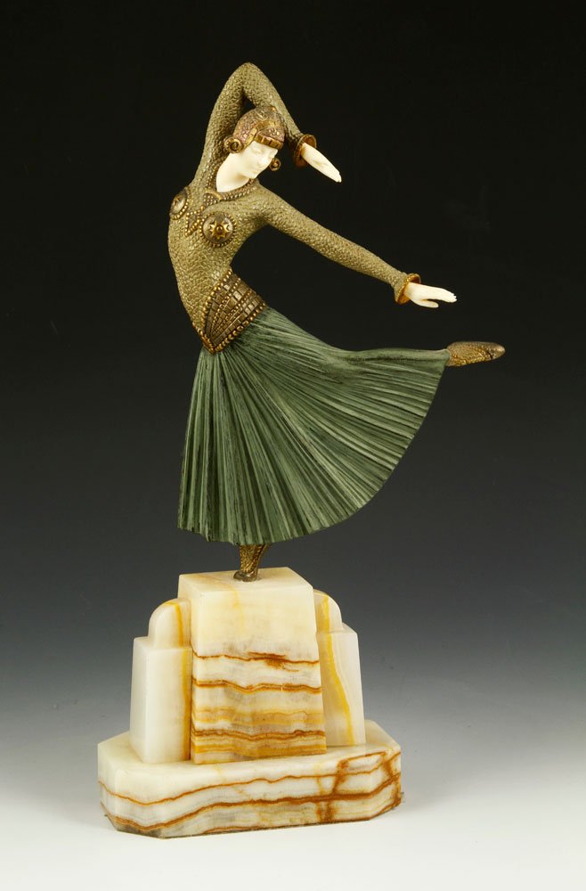 Chiparus, "Ayouta," Bronze: Demetre Chiparus (Romanian, 1886-1947), "Ayouta," bronze on marble base, signed "D. Chiparus" on base, 12"h x 6 1/2"w x 3"d. Provenance: From a California collector.