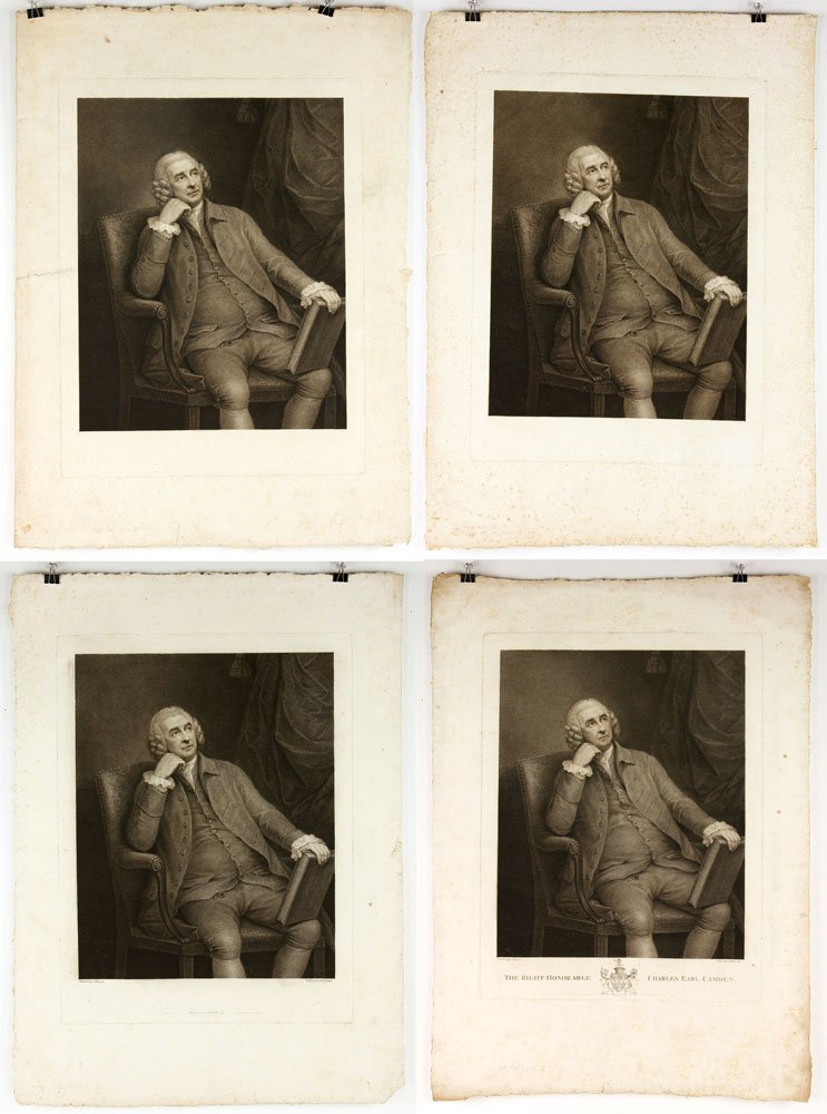 Bartolozzi, 4 Etchings After Gainsborough, "Charles: Francesco Bartolozzi (Italian, 1727-1815), lot of four etchings, after Thomas Gainsborough, portrait of the Right Honorable Charles Earl Camden, three at 1793, one at 1798. Provenance: From a Massachu