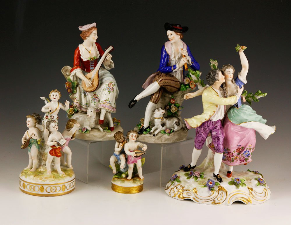 5 Capodimonte Figural Groupings: Lot of five early Capodimonte figural groupings, porcelain, to include musicians, dancers, and cherubs, largest 11"h x 7"w x 4 1/2"d. Provenance: From a Massachusetts estate.