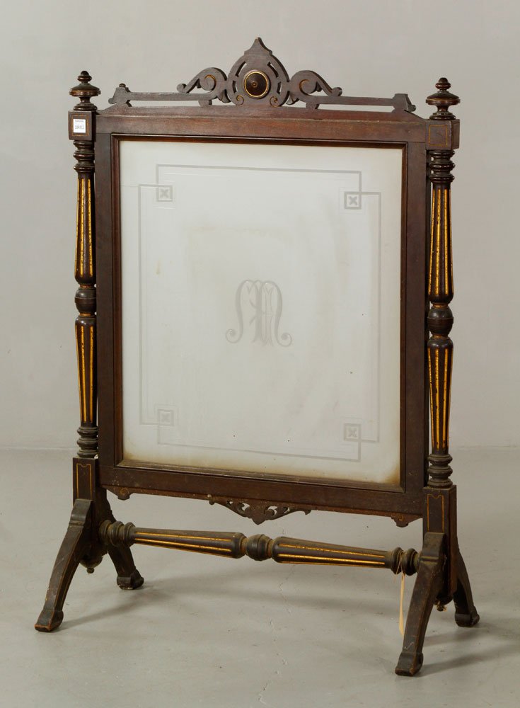 Aesthetic Movement Fire Screen: Aesthetic Movement fire screen with glass insert, monogrammed, 45 1/2"h x 31 1/4"w. Provenance: From a Massachusetts estate.