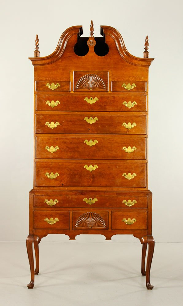 18th C. Queen Anne Cherry Highboy: 18th century Queen Anne two-piece highboy, cherry, with fan and finials, 85"h x 37"w x 18"d. Provenance: From a New Jersey estate.