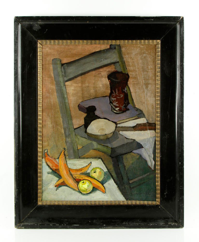 Attr. Weber, Still Life, O/C: Attributed to Max Weber (American, 1881-1961), still life with chair and fruit, oil on canvas, signed lower right, 27 1/2"h x 18"w (view), 30"h x 24"w (frame). Provenance: From a Florida collection.