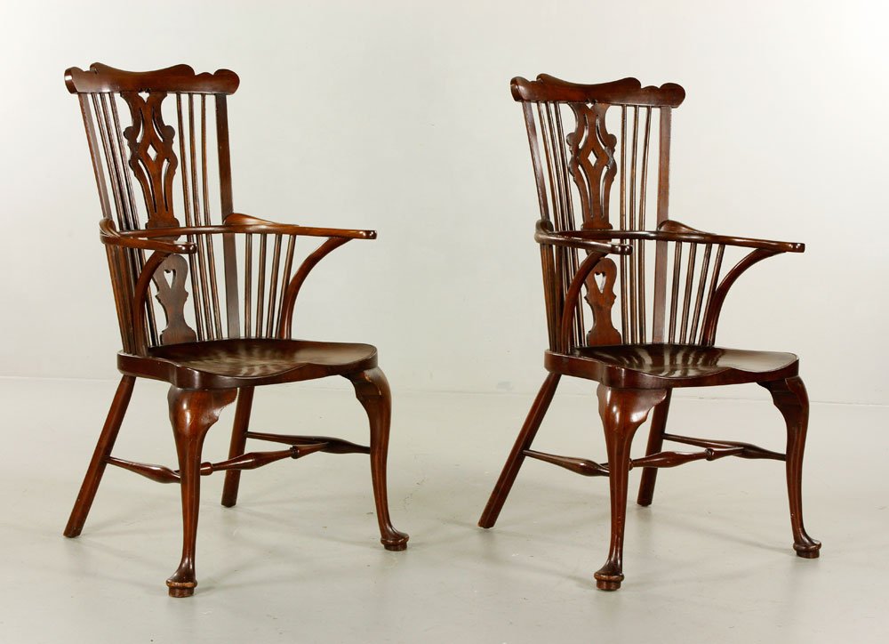 Pr. Windsor Style Armchairs: Pair of Windsor style armchairs, mahogany, 40 3/4"h x 25 3/4"w x 22 1/4"d. Provenance: From a Massachusetts estate.