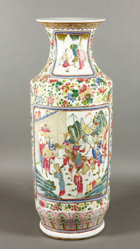 19th C. Chinese Famille Rose Vase: 19th century Chinese famille rose vase, porcelain, body decorated with court scenes in square cartouches, 24"h x 9"w.