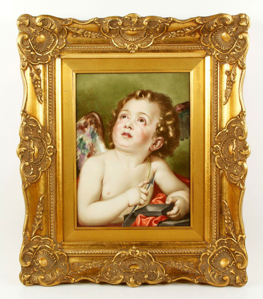 19th C. KPM Plaque: 19th century KPM plaque of a cherub, 12" h x 9" w (view), 19" h x 16" w (frame). Provenance: From a California collection.