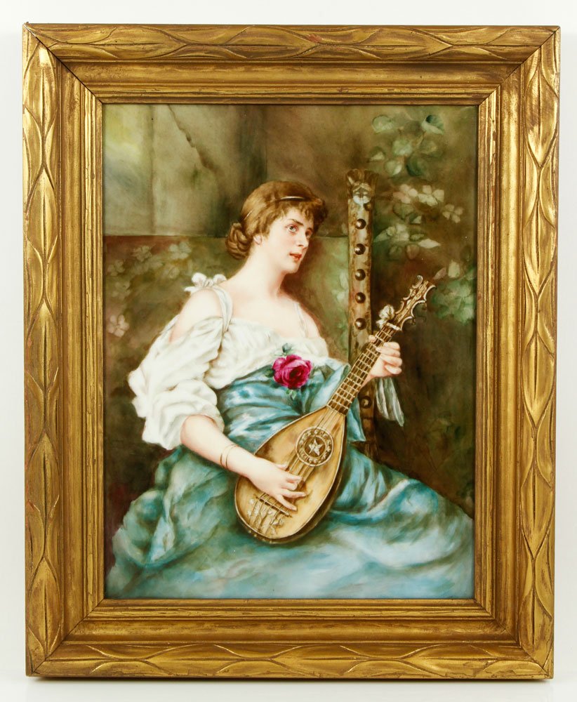 19th C. KPM Plaque: 19th century KPM plaque of woman playing mandolin, 13" x 10" (view), 16 7/8" x 13 5/8" (frame). Provenance: From a California estate.