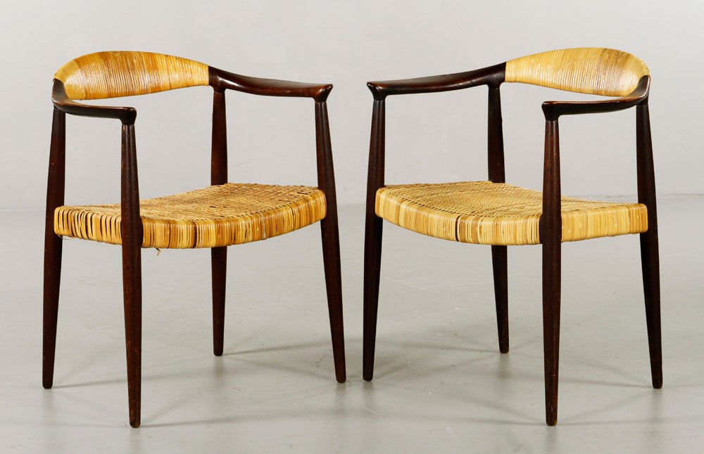 Pr Attrb. to Hans Wegner Round Chairs: Pair of attributed to Hans Wegner Round chairs, "The Chair", original caning, possibly branded under caning, 29 1/2" x 24 1/4" x 18". Provenance: From a MA estate.