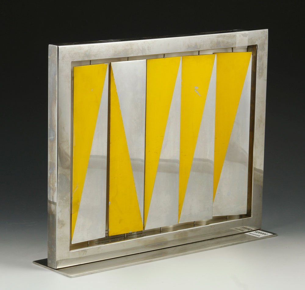 Fleming Steel Sculpture: Dean Fleming sculpture, stainless steel with geometric yellow designs, 1967, Multiples Gallery brochure, 10" x 12 1/2". Provenance: From a NY estate.