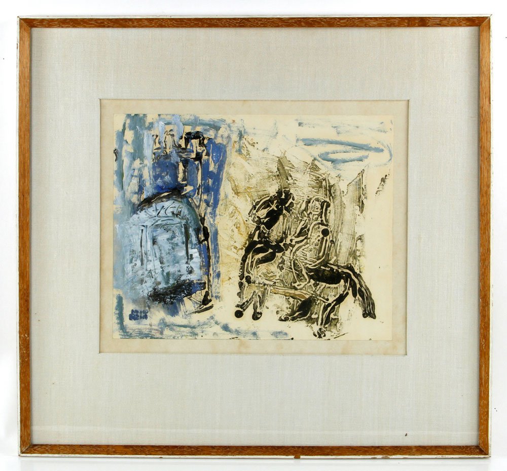Reid, "Horseman", W/C: Nano Reid (Irish 1900-1981), "Horseman", watercolor on paper, with label from The Dawson Gallery, under glass, 12" x 14 1/2" (view), 21" x 22 3/4" (frame). Provenance: From a MA estate.