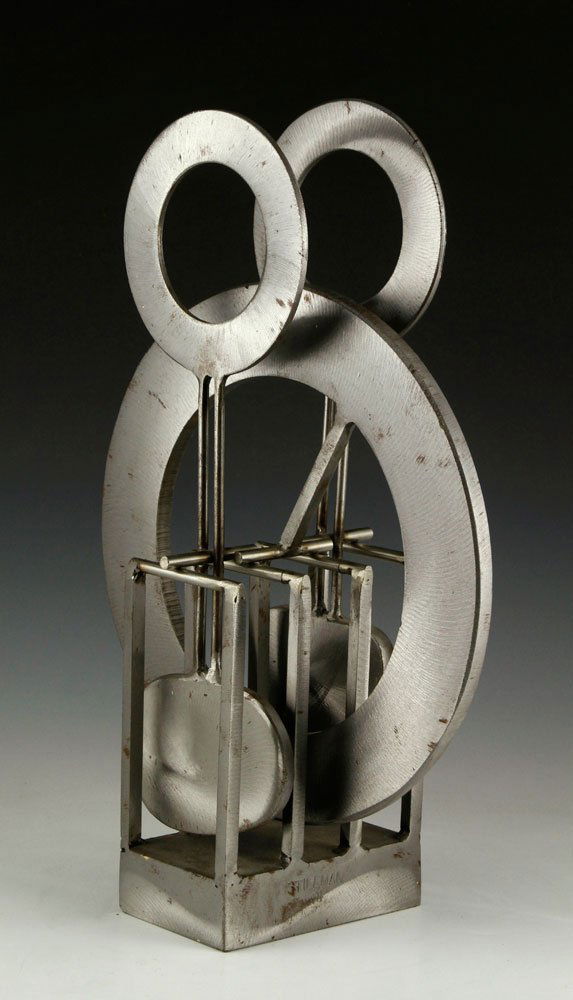 Stillman Kinetic Steel Sculpture: Bruce Stillman (Ameircan b.1958), kinetic sculpture, steel, consisting of three separate parts atop base, burnished finish, signed "STILLMAN" side of base, 19" x 13" x 8". Provenance: From a MA estate