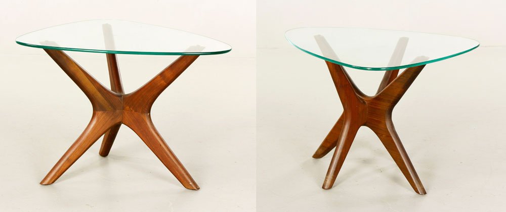 Pr. Adrian Pearsall End Tables: Pair of Adrian Pearsall end tables, teakwood base and organically-shaped glass top, Craft Associates, no original labels, 19 1/2" x 24" x 27", 18 3/4" x 24" x 19 3/4". Provenance: From a MA estate.