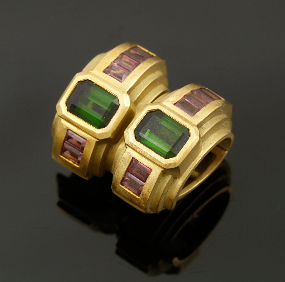 Kieselstien-Cord 18K Gold Earrings: Barry Kieselstien-Cord 18K gold earrings with pink and green tourmaline stones, signed and dated 1989, purchased at Bergdorf Goodman, approximately 32 grams TW. Provenance: From a FL estate.