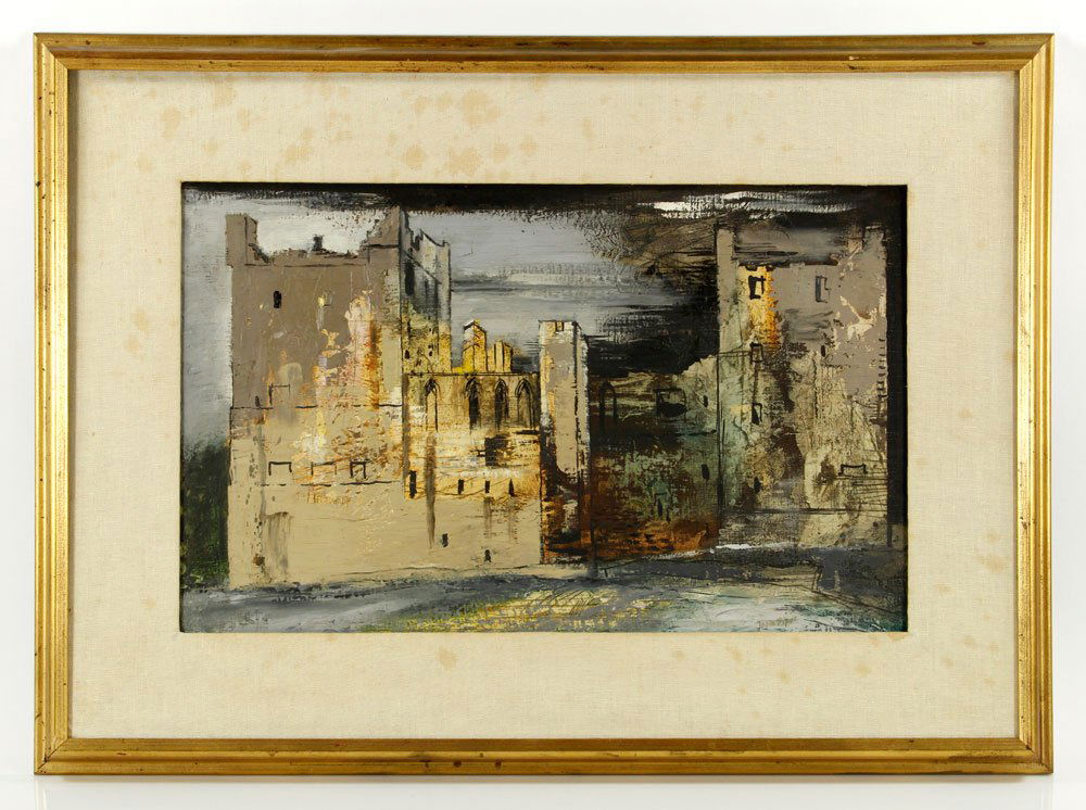 Piper, Architecture, O/M: John Piper (English 1903-1992), architecture, oil on masonite, signed lower right "John Piper", 14 1/2" x 23 1/4" (view), 24" x 33" (frame). Provenance: From a MA estate.