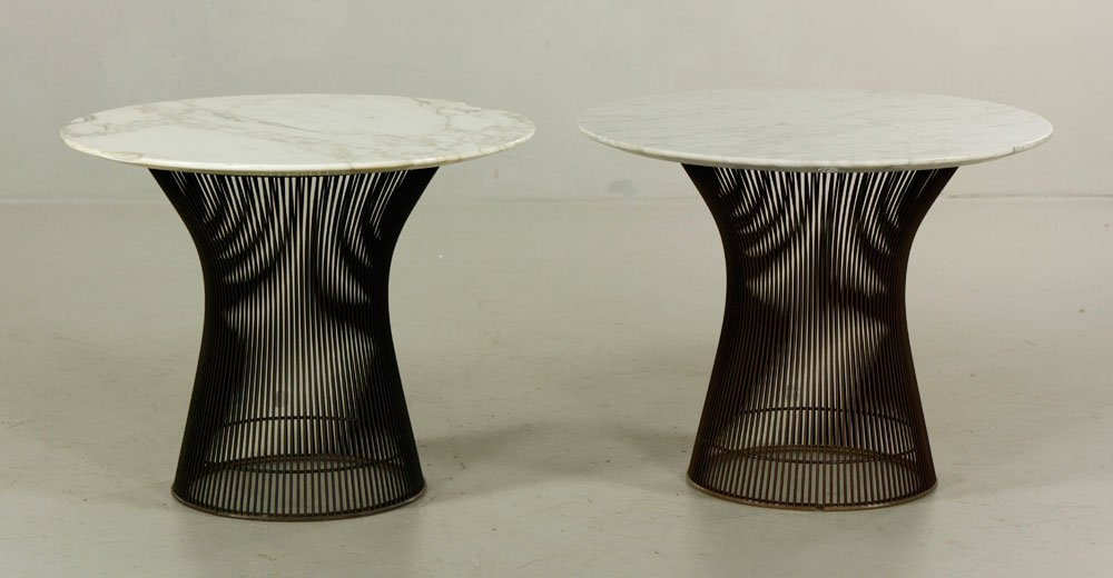 Platner for Knoll End Tables: Warren Planter for Knoll pair of end tables, nickel plated steel base with Italian white marble tops with original rubber bumper, 18 3/4" x 24". Provenance: From a MA estate.