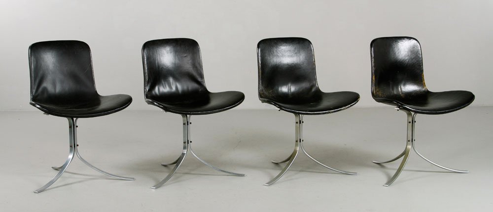 4 Attrb. Kjaerholm PK9 Style Dining Chairs: Set of four PK9 style dining chairs, attributed to Poul Kjaerholm, black leather upholstery with chrome base, 30" x 21 1/2" x 18". Provenance: From a MA estate.