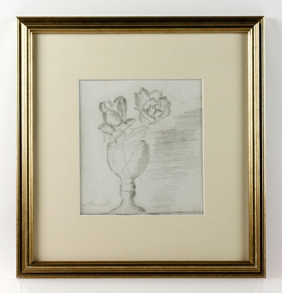 Attrb. Morandi, "Glass with Two Roses", Pencil: Attributed to Giorgio Morandi, "Glass with Two Roses", still life, pencil drawing, signed lower left "Morandi", 8" x 7" (view), 15" x 14 1/2" (frame). Provenance: From a FL estate.