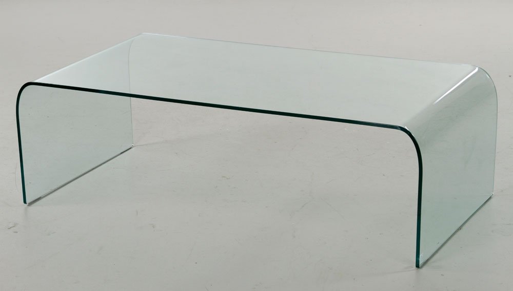 Curved Glass Coffee Table: Coffee table in the style of Pietro Chiesa for Fontana Arte, Italy, curved glass, 15"h x 45"w x 23 3/4"d. Provenance: From a MA estate.