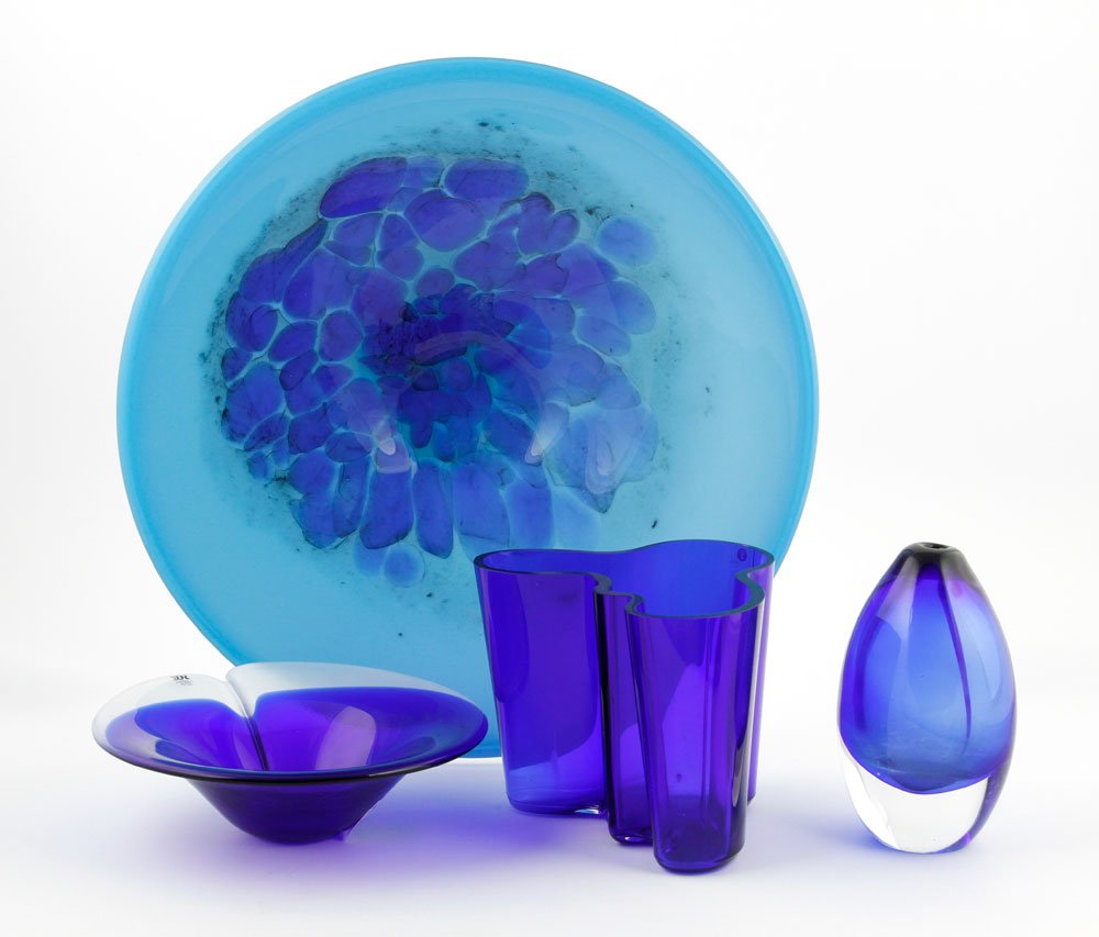 Assorted Scandinavian Art Glass: Group of Scandinavian art glass, including one Alvat Aalto "Savoy" vessel with stamped signature and editioned 973/1990, with "made in Finland" decal, 4 3/4" x 6" x 5"; on Mats Jonasson leaded glass b