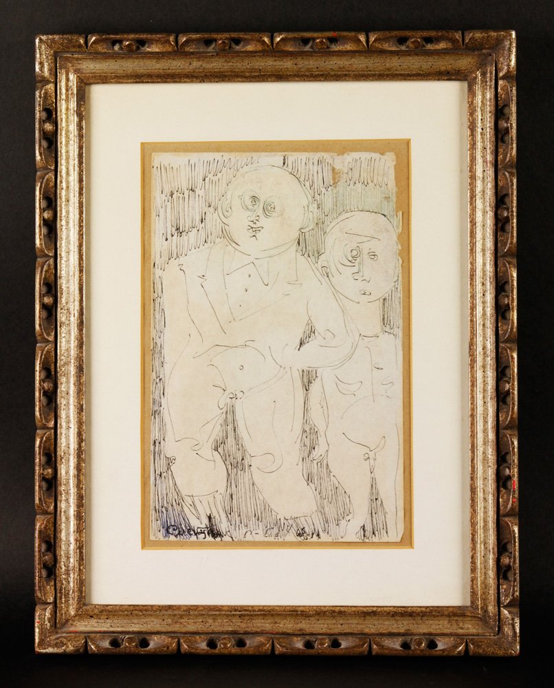 Cuevas, "Two Figures," Ink on Paper: Jose Luis Cuevas (Mexican, b. 1934), "Two Figures," ink on paper, dated '65 lower middle, signed "Cuevas" lower left, 5 1/4" h x 8" w (view), 13" h x 10" w (frame). Provenance: From a Louisiana collec