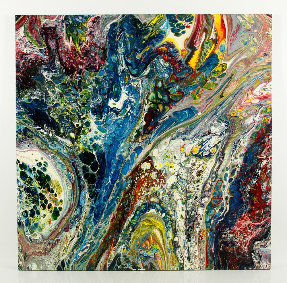 Mann, "#2711," A/M: Richard Mann (American, 20th century), "#2711," acrylic on Masonite, unframed, blue, white, yellow, and madder lake green, 36" h x 36" w. Provenance: From a California estate.