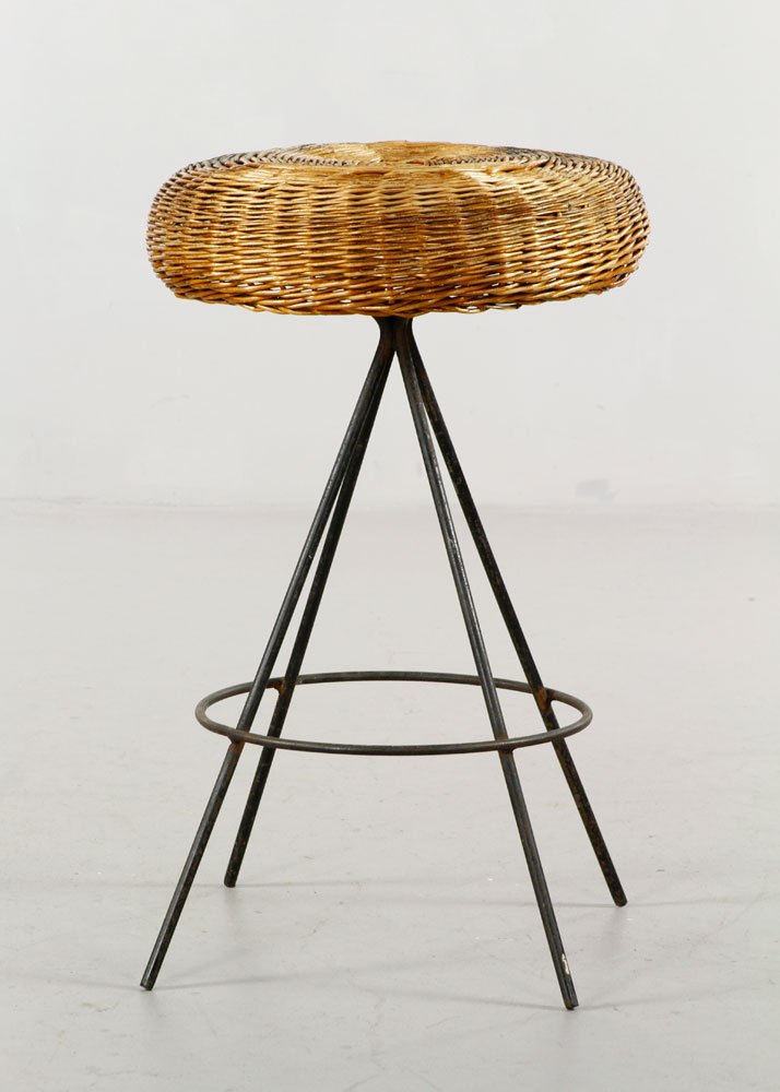 Danish Wicker Barstool: Danish bar stool, wicker and iron base, in the style of Georg Jensen, circa 1950s, no marks or labels, 30" x 18". Provenance: From a MA collection.