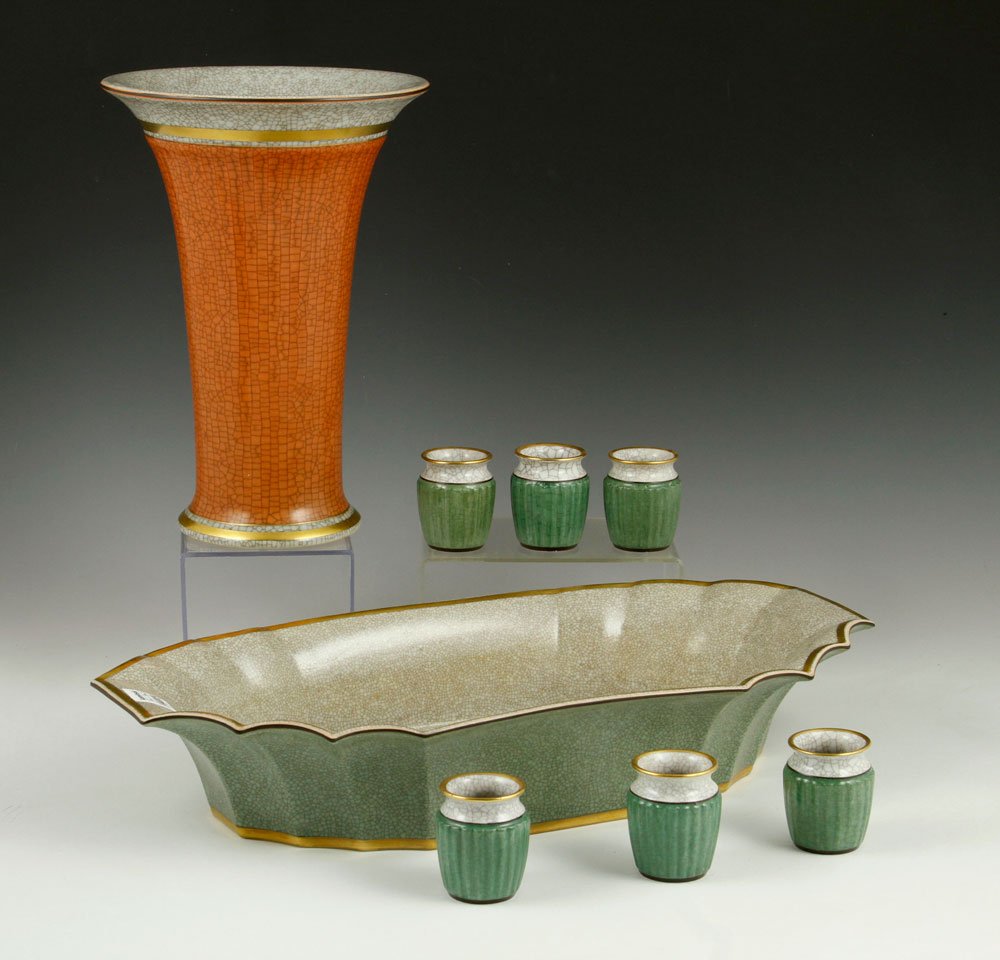 8 Pcs. Royal Copenhagen: Eight pieces of Royal Copenhagen, artist signed, including serving platter, large vase, and six small vases, 3" x 17 1/2" x 8" (platter), 10 1/2" x 7 1/2" (large), 2" x 1 1/2" (small). Provenance: Fro