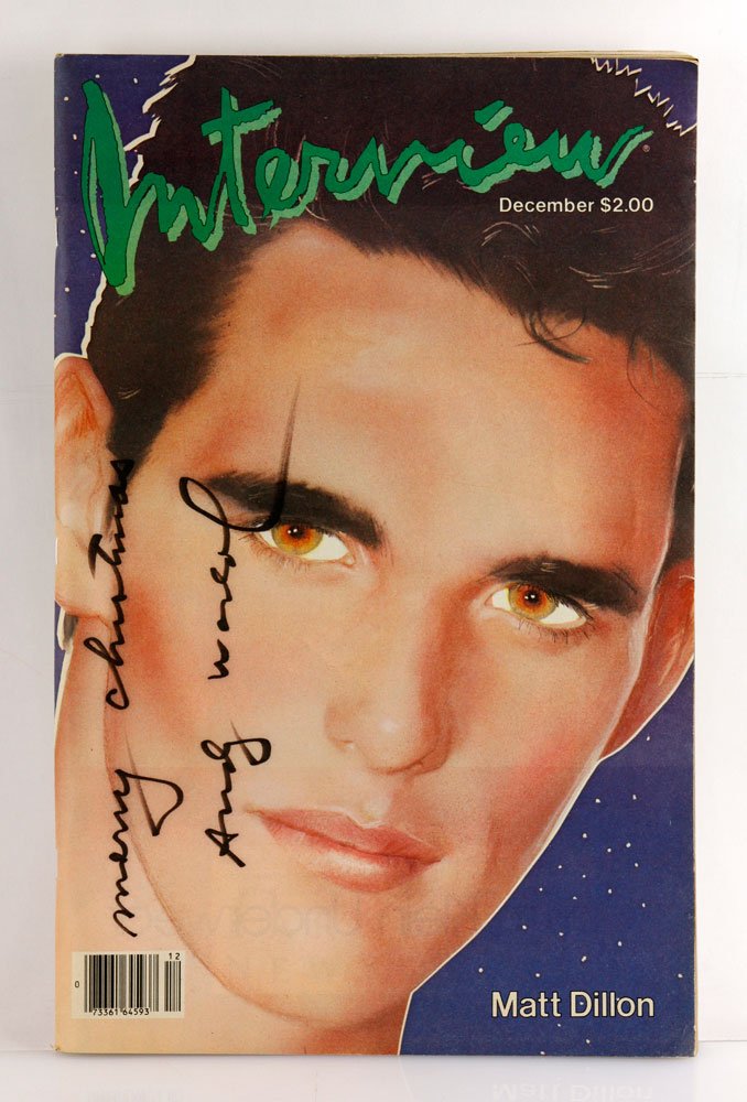 Interview Magazine, Matt Dillon Cover: Interview Magazine, Matt Dillon cover, signed "Merry Christmas Andy Warhol", December issue, copyright 1983, 17" x 11". Provenance: From a MA estate.