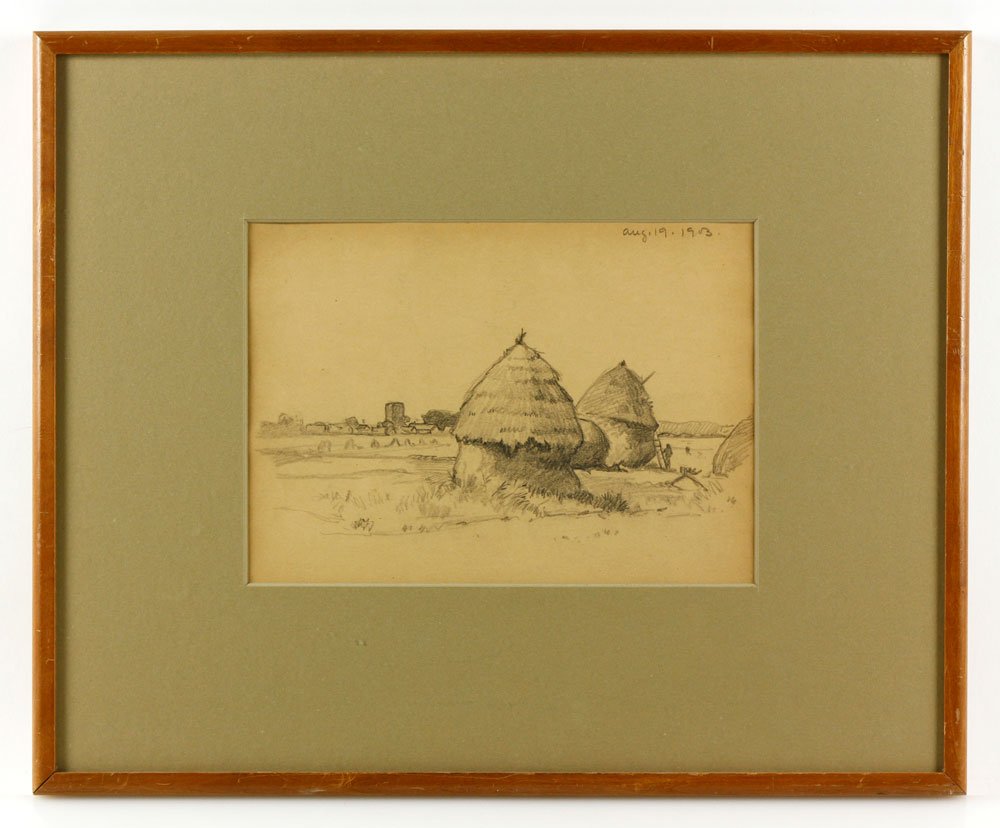 Kaula, "Hay Stacks", Pencil: William J. Kaula (American,1871-1952), "Hay Stacks", pencil drawing, 1903, executed in Holland. Provenance: From a NY estate.