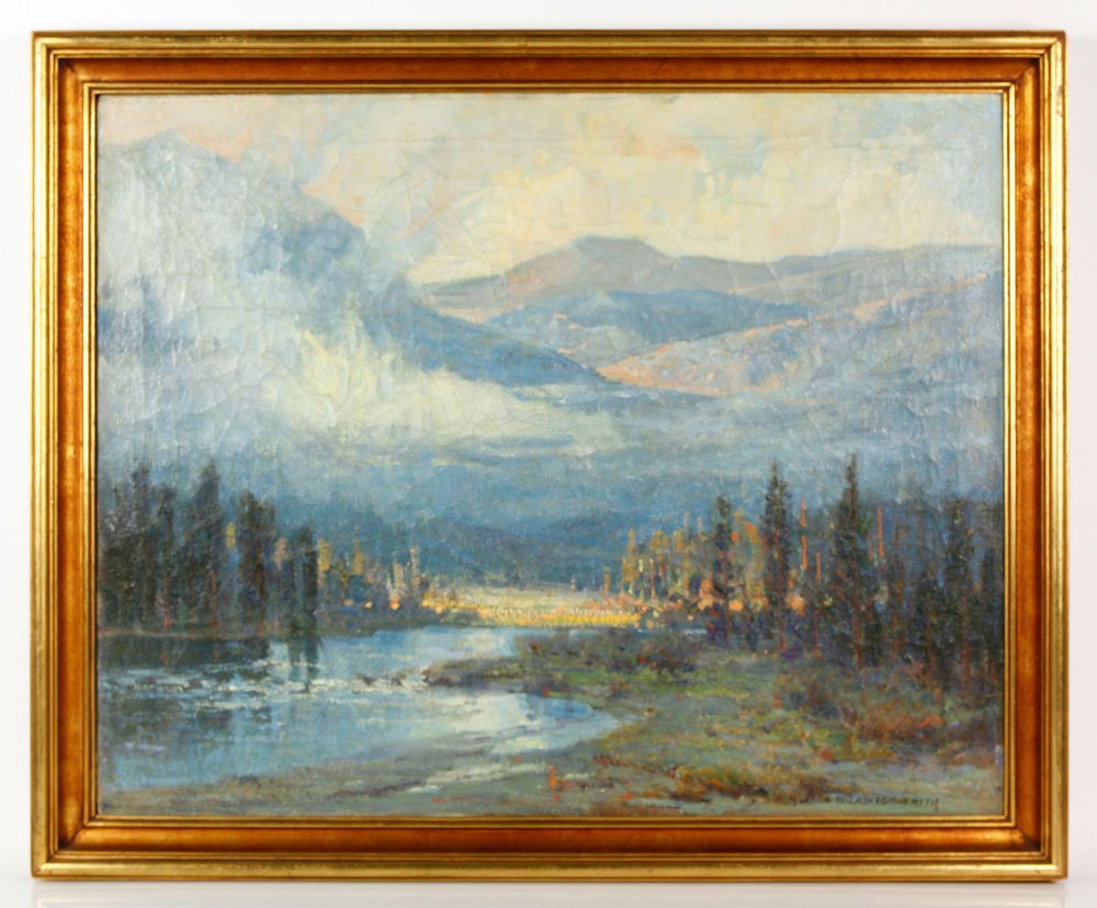 Smith, California Landscape, O/C: Jack Wilkinson Smith (American, 1873-1949), California landscape, with mountains rising behind a marsh, oil on canvas, signed lower right, 24" h x 30" w (view), 27 3/4" h x 33 3/4" w (frame). Provenan
