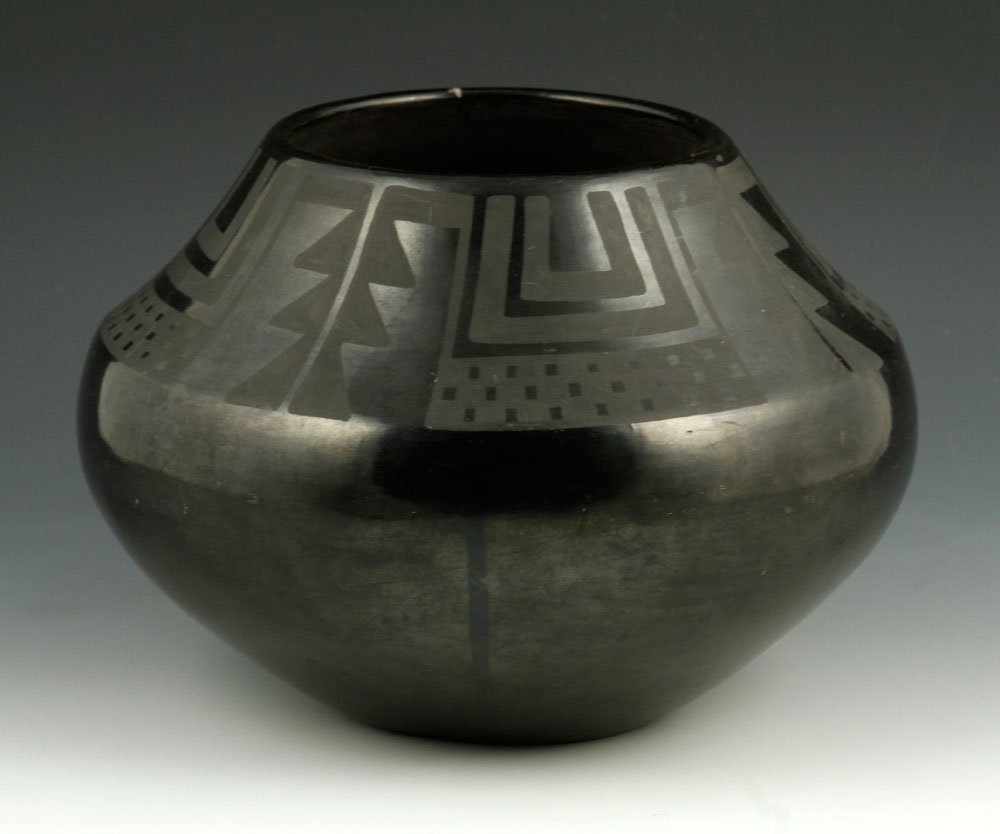 Martinez, Blackware Vessel: Maria Martinez (Tewa, Native American), blackware vessel, signed underside "Marie Julian," & 6 1/2" h x 9" dia. Provenance: From the Estate of Mary L. Alchian, Palm Springs, CA.