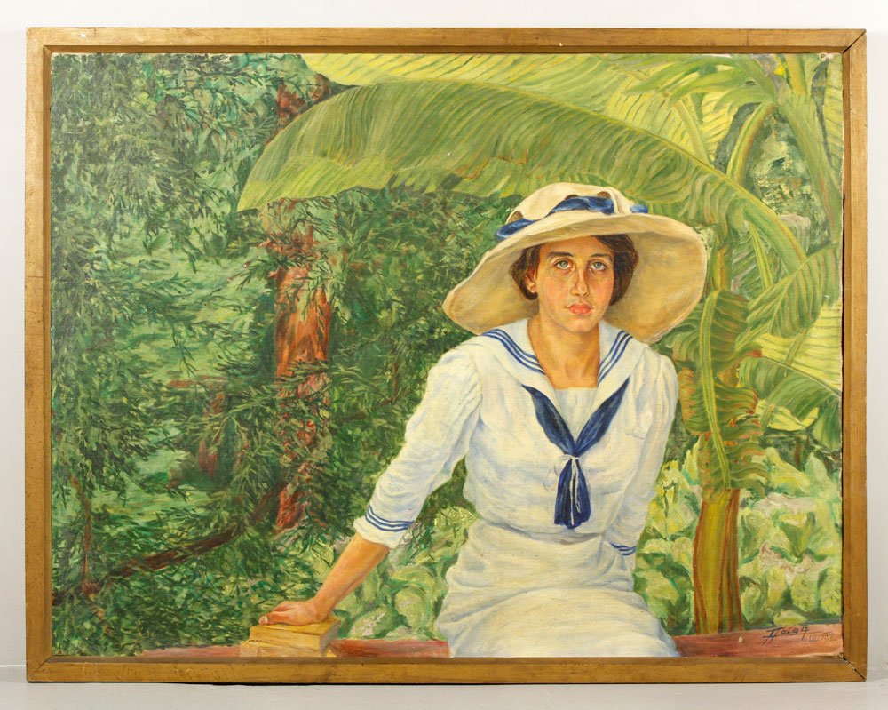 Calabi, Woman in a Garden, O/C: Augusto Calabi (Milan), portrait of a woman in a garden, oil on canvas, signed lower right and dated 1913, 36" h x 47" w. Provenance: From a Massachusetts estate.