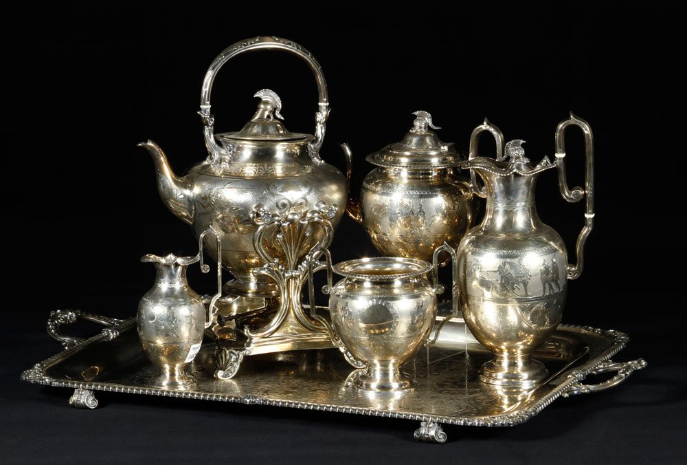 FBS Tea Set, Silver Plated: FBS tea set, "Roman" pattern with non matching tray, silver plated, six pieces total. Provenance: From the Estate of Mary L. Alchian, Palm Springs, CA.