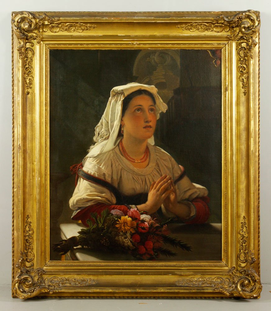 Continental School, Woman Praying, O/C: Continental School painting of a woman praying, oil on canvas, signed "S. Lati," 35" h x 27" w (view), 46" h x 38" w (frame). Provenance: From the Estate of Mary L. Alchian, Palm Springs, CA.