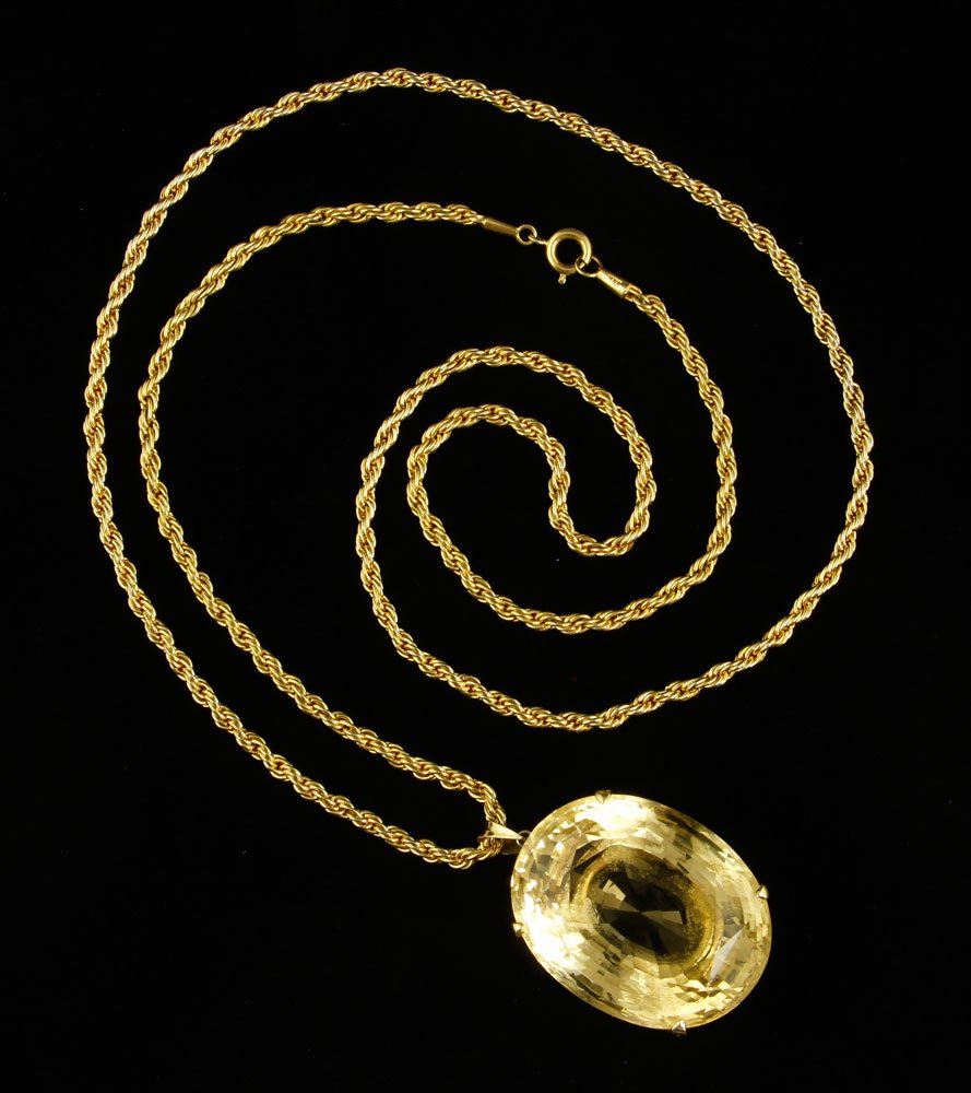 14K Necklace with Large Lemon Citrine: 14K yellow gold necklace with large lemon citrine, approximately 1 1/4" x 1 1/2", approximately 22 g. TW (excluding citrine), 32"l. Provenance: From a Massachusetts estate.