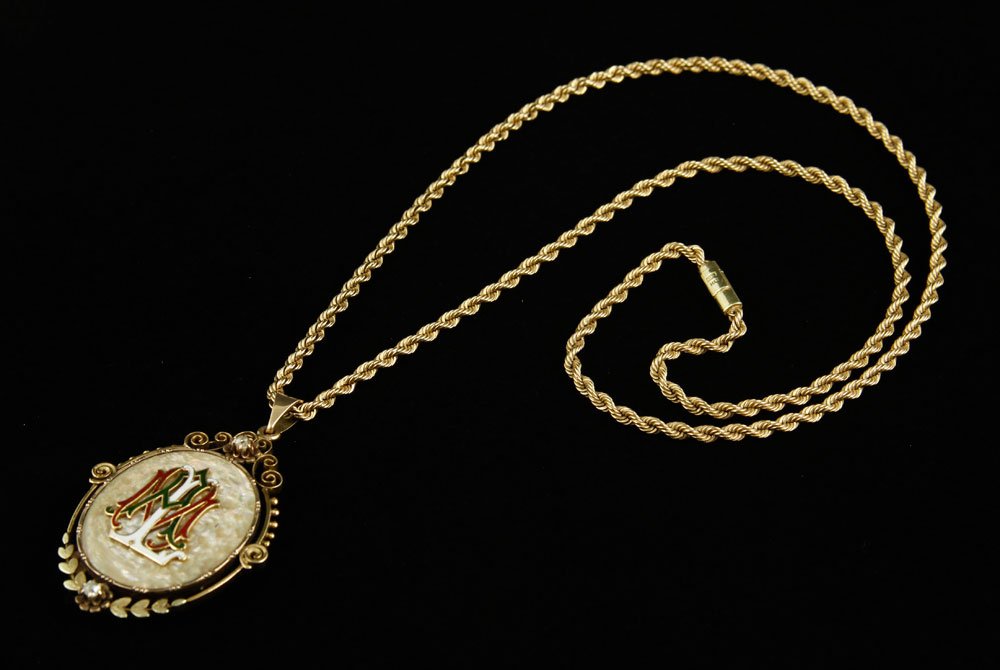 Victorian Mother of Pearl, Enamel, Diamond, and Gold: Victorian mother of pearl, enamel, and diamond, gold locket, initialed, with 14K yellow gold chain, approximately 41 g. TW, 24" (chain). Provenance: From the Estate of Mary L. Alchian, Palm Springs, C